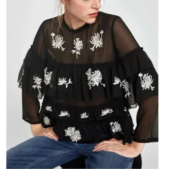 Zara Tops - Zara RARE Embroidered Floral Black Tiered Blouse Too Size XS NWT